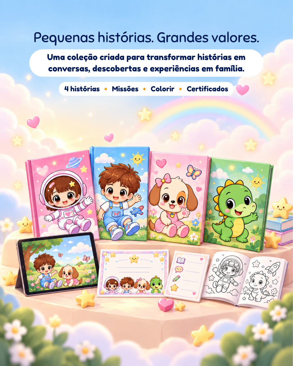 Mockup dos materiais digitais da Coleção Primeiros Valores da Contamundos